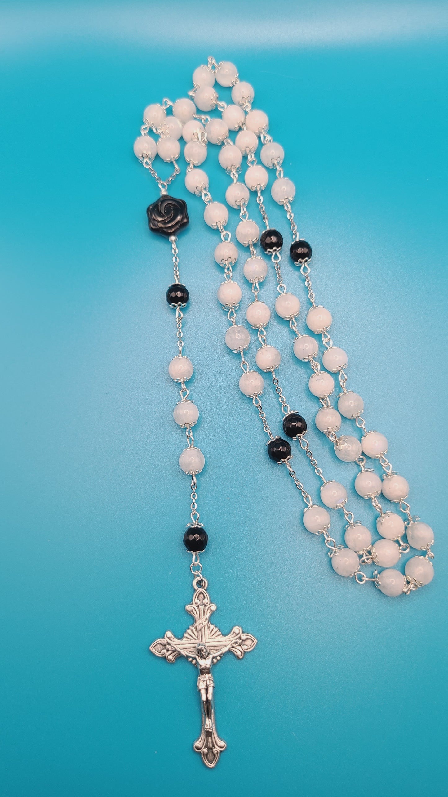 Beaded Rosary- White Moonstone and Faceted Onyx