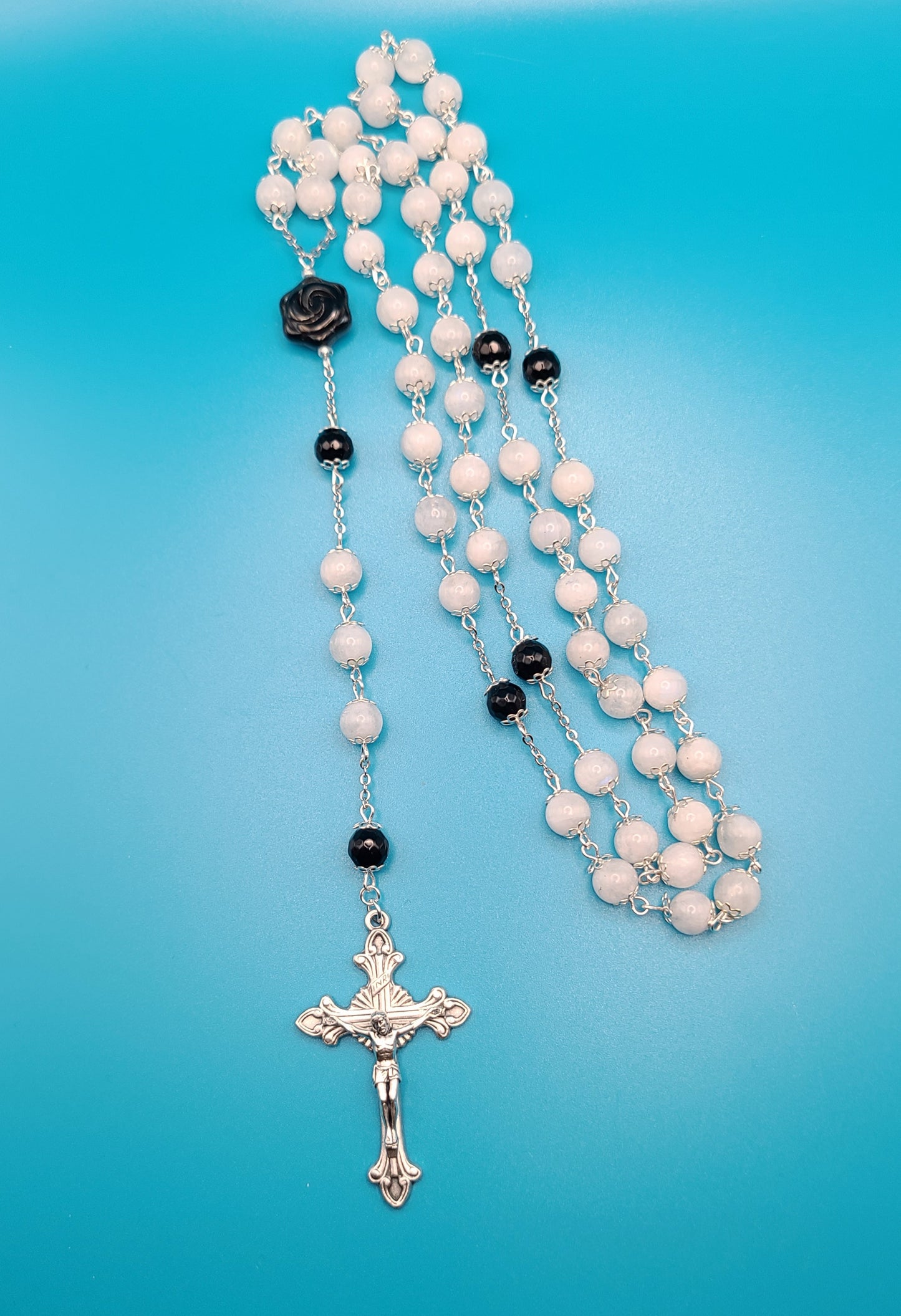 Beaded Rosary- White Moonstone and Faceted Onyx