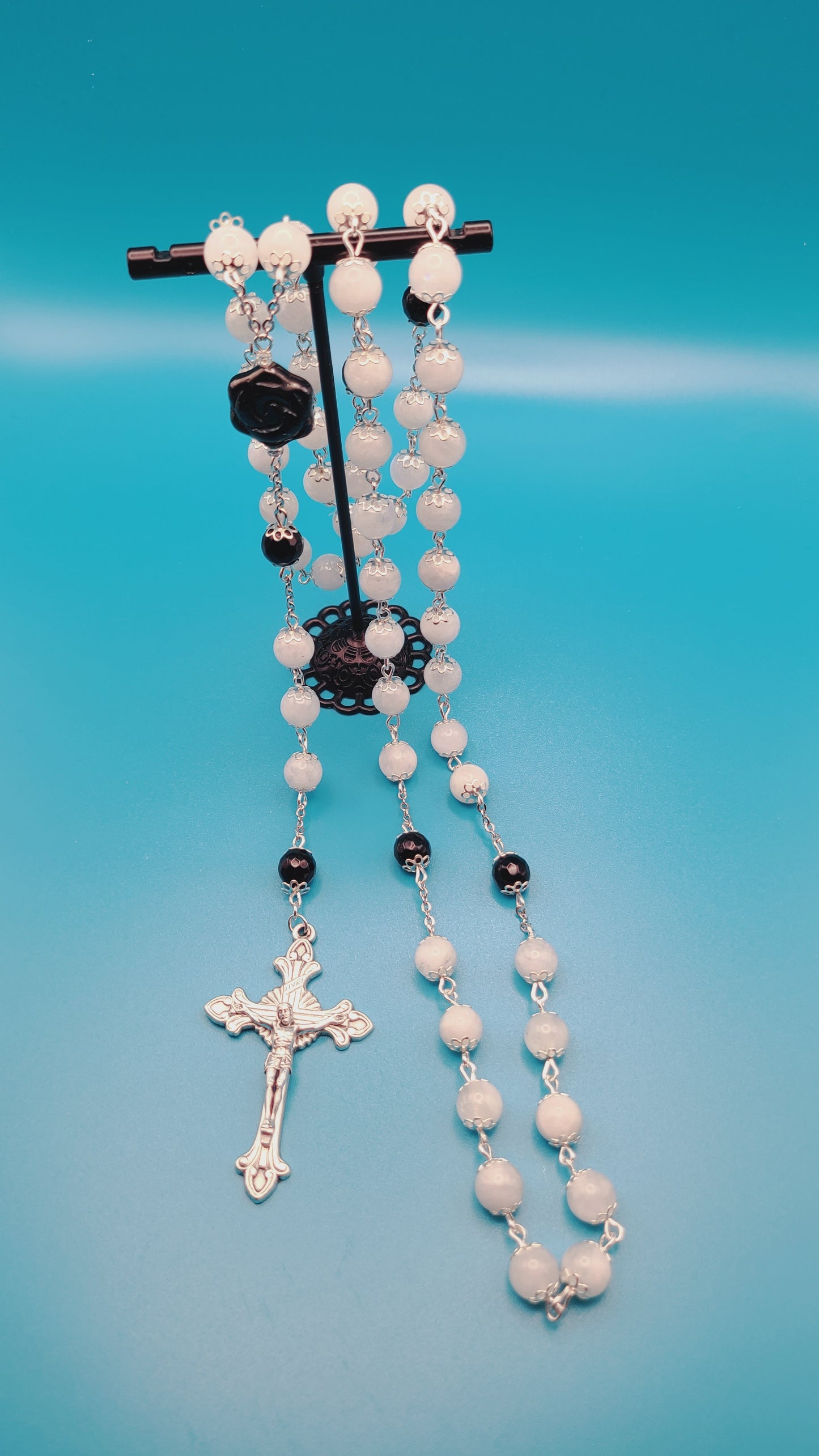 Beaded Rosary- White Moonstone and Faceted Onyx