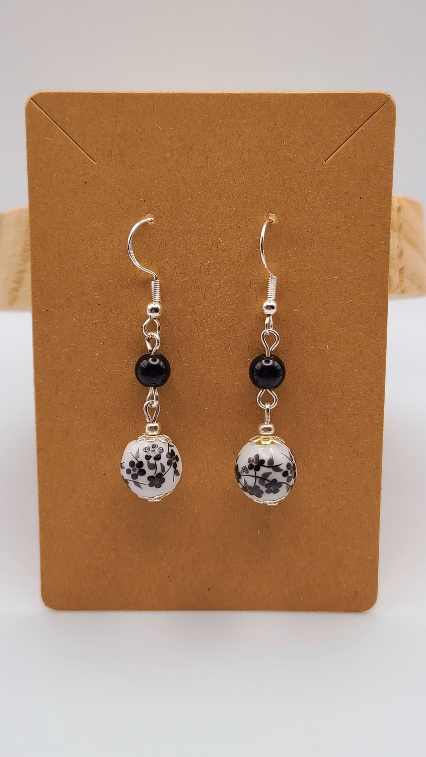 Ceramic Bead Earrings- Black Floral