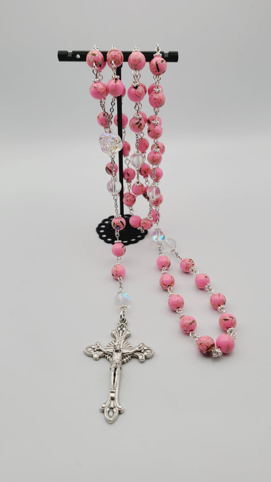 Handmade Beaded Rosary with Pink Shell Turquoise Beads