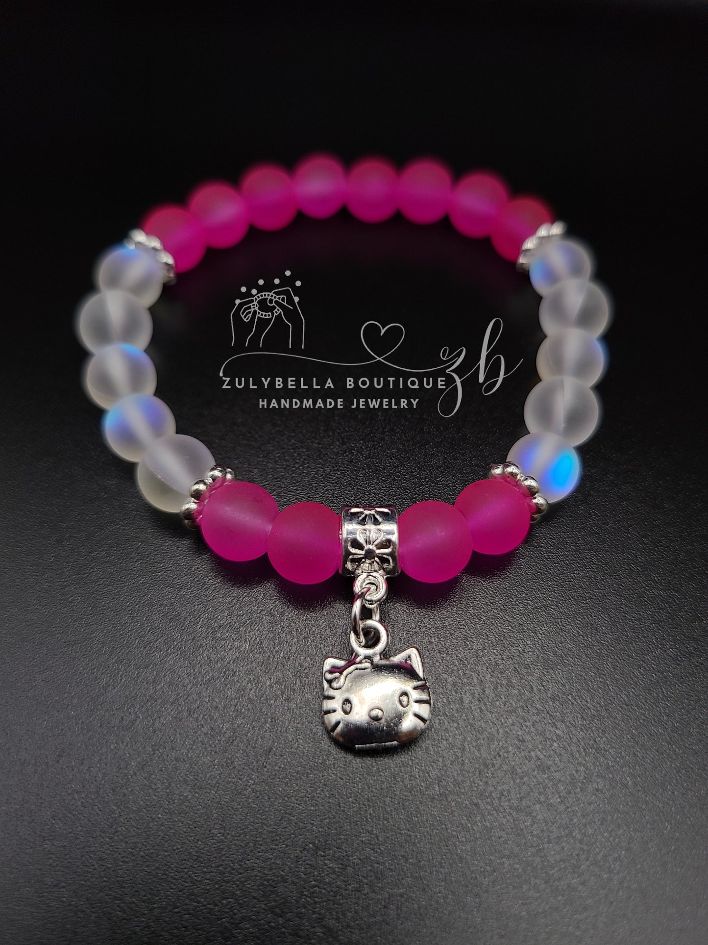 Hot Pink Kitty Inspired Beaded Frosted Glass Bracelet with Charm