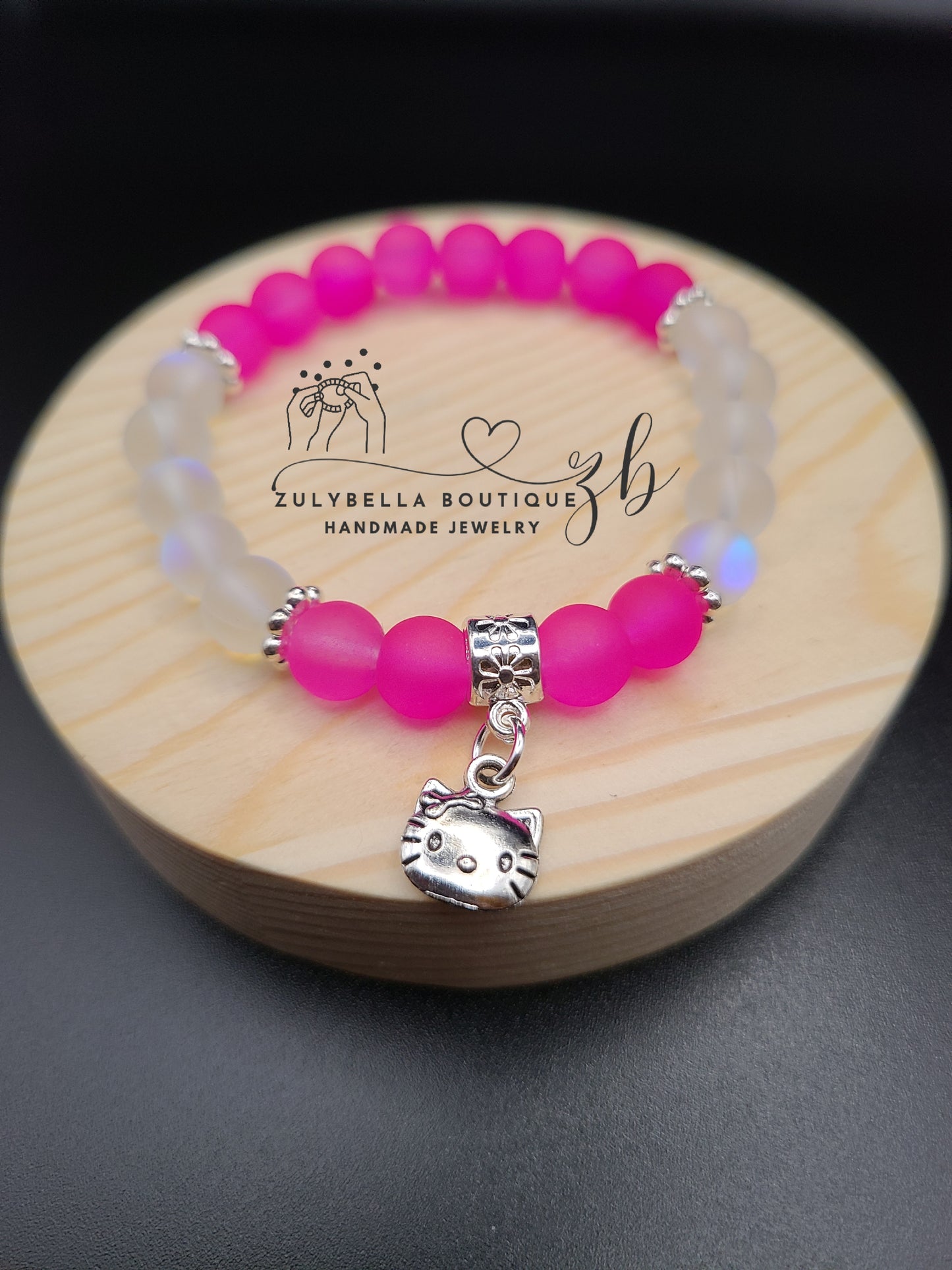 Hot Pink Kitty Inspired Beaded Frosted Glass Bracelet with Charm