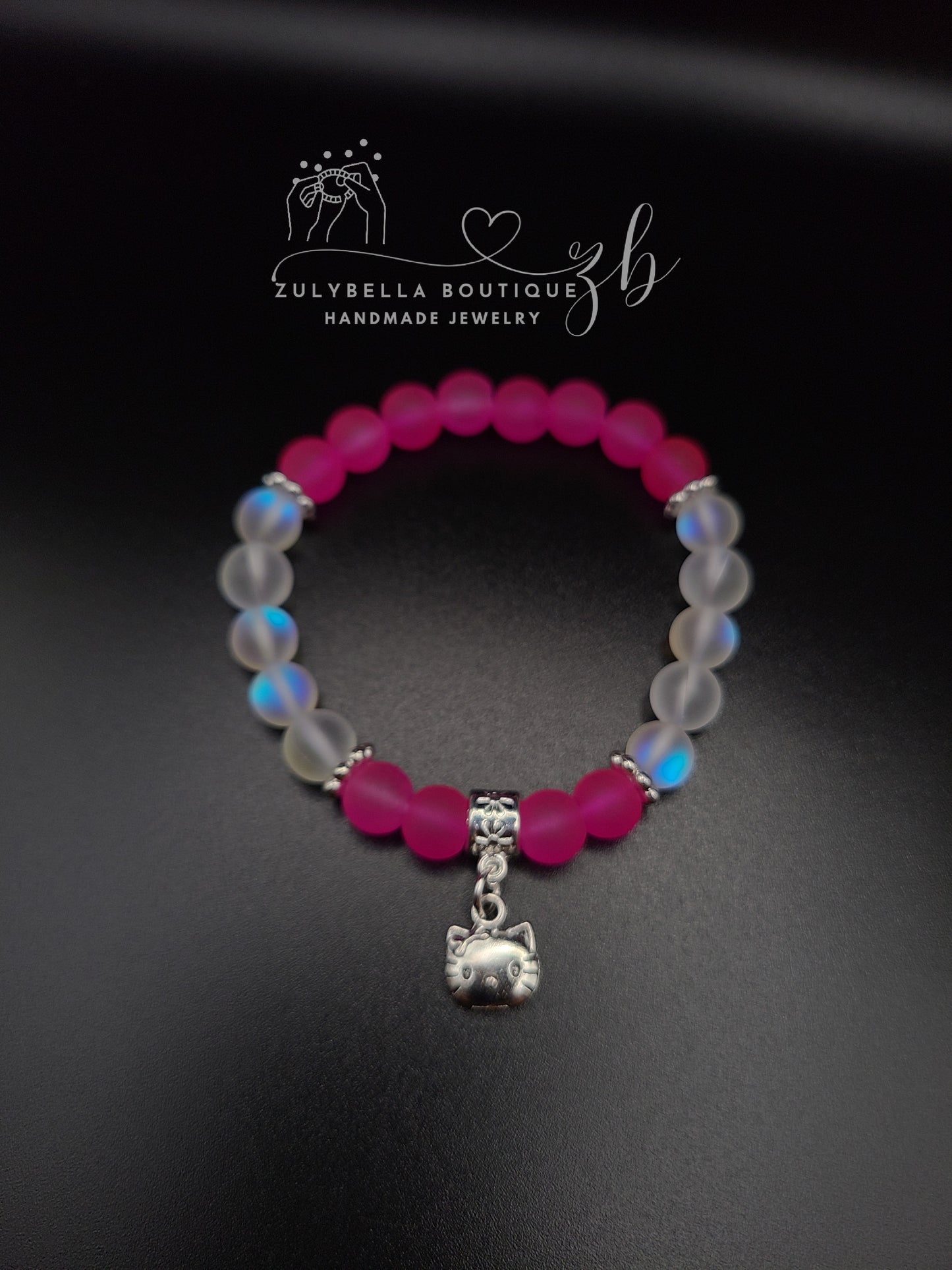 Hot Pink Kitty Inspired Beaded Frosted Glass Bracelet with Charm