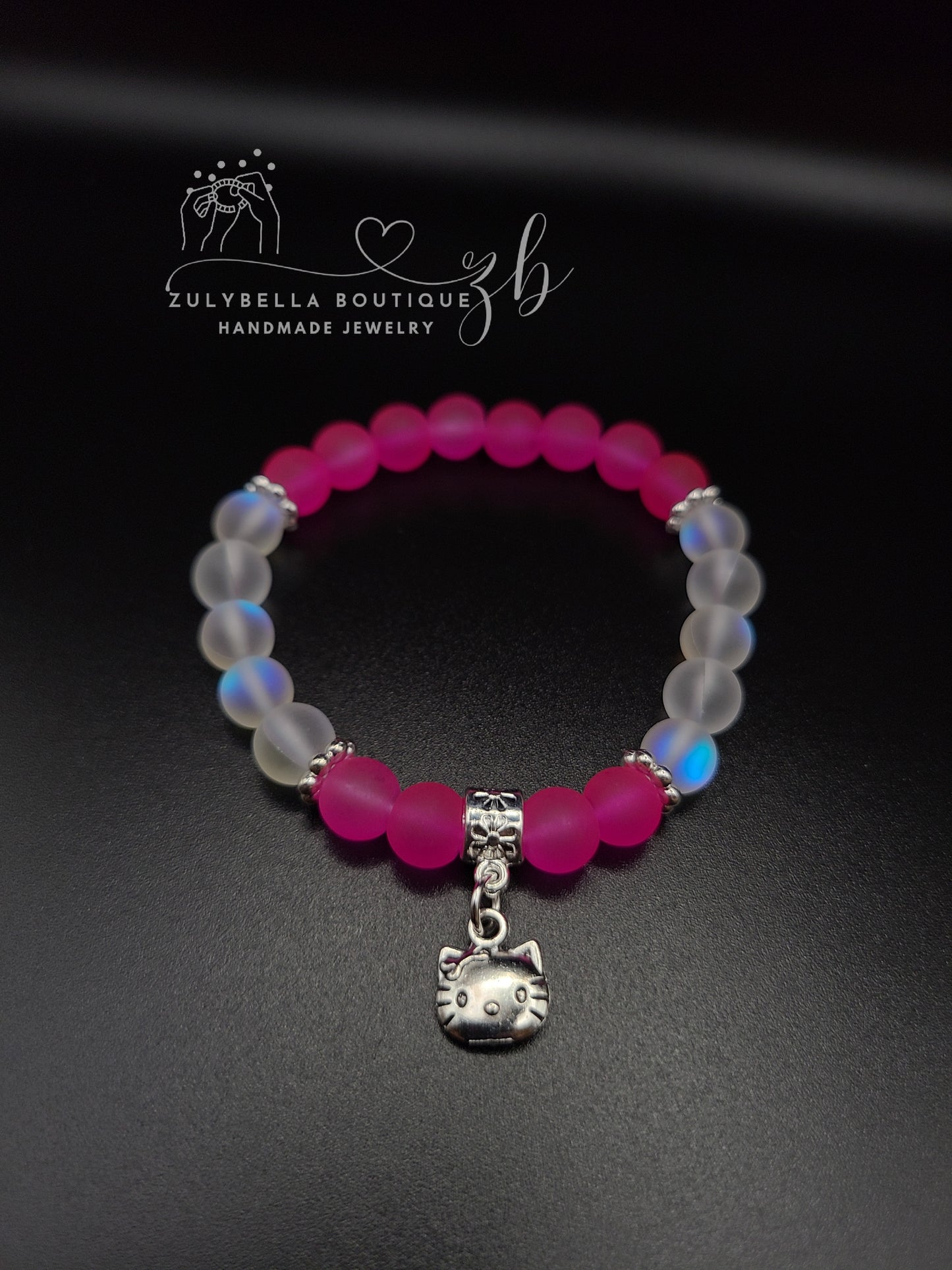 Hot Pink Kitty Inspired Beaded Frosted Glass Bracelet with Charm