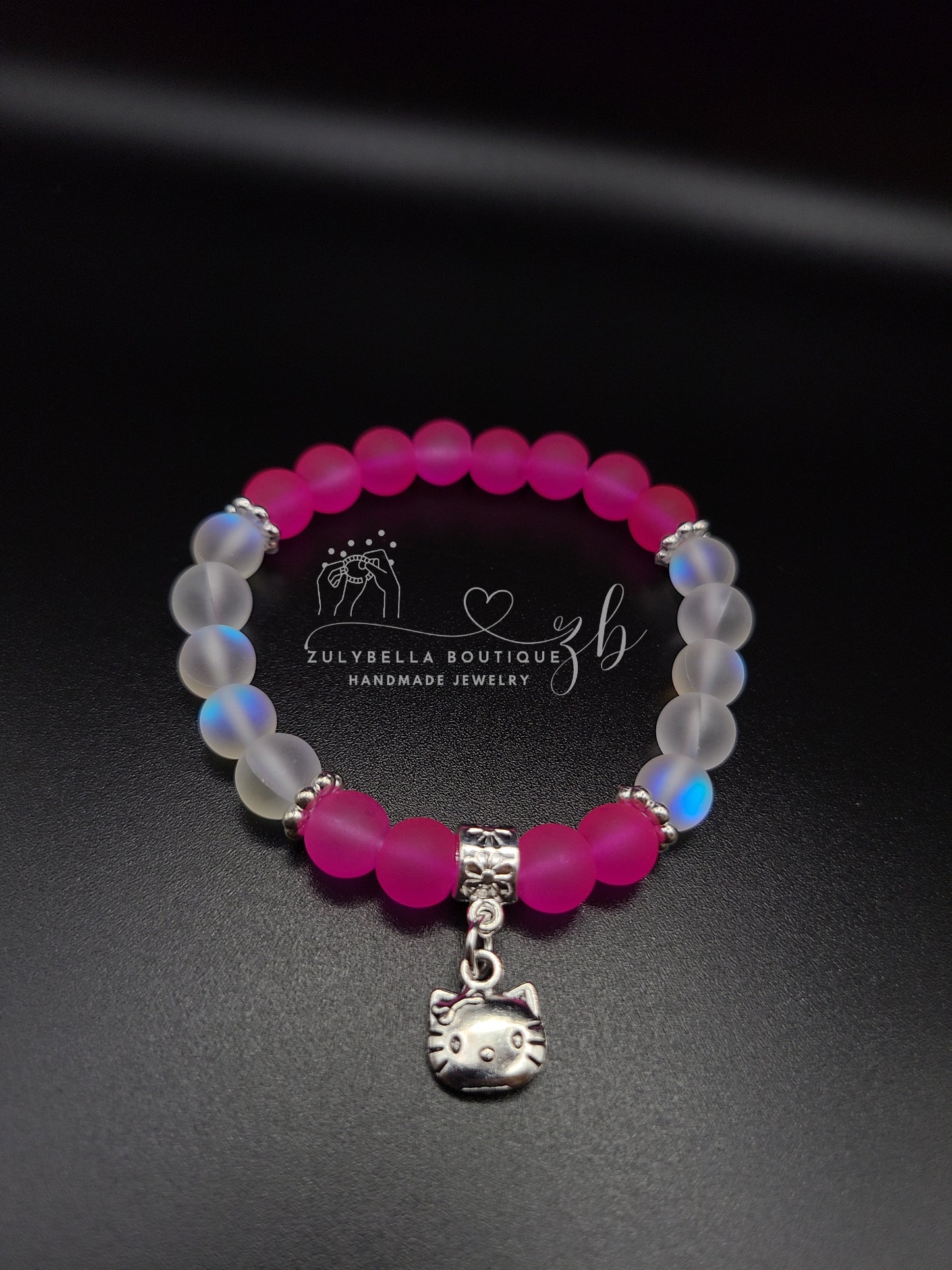 Hot Pink Kitty Inspired Beaded Frosted Glass Bracelet with Charm