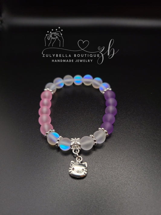 Pinky Purple Kitty - Frosted Glass Beaded Bracelet