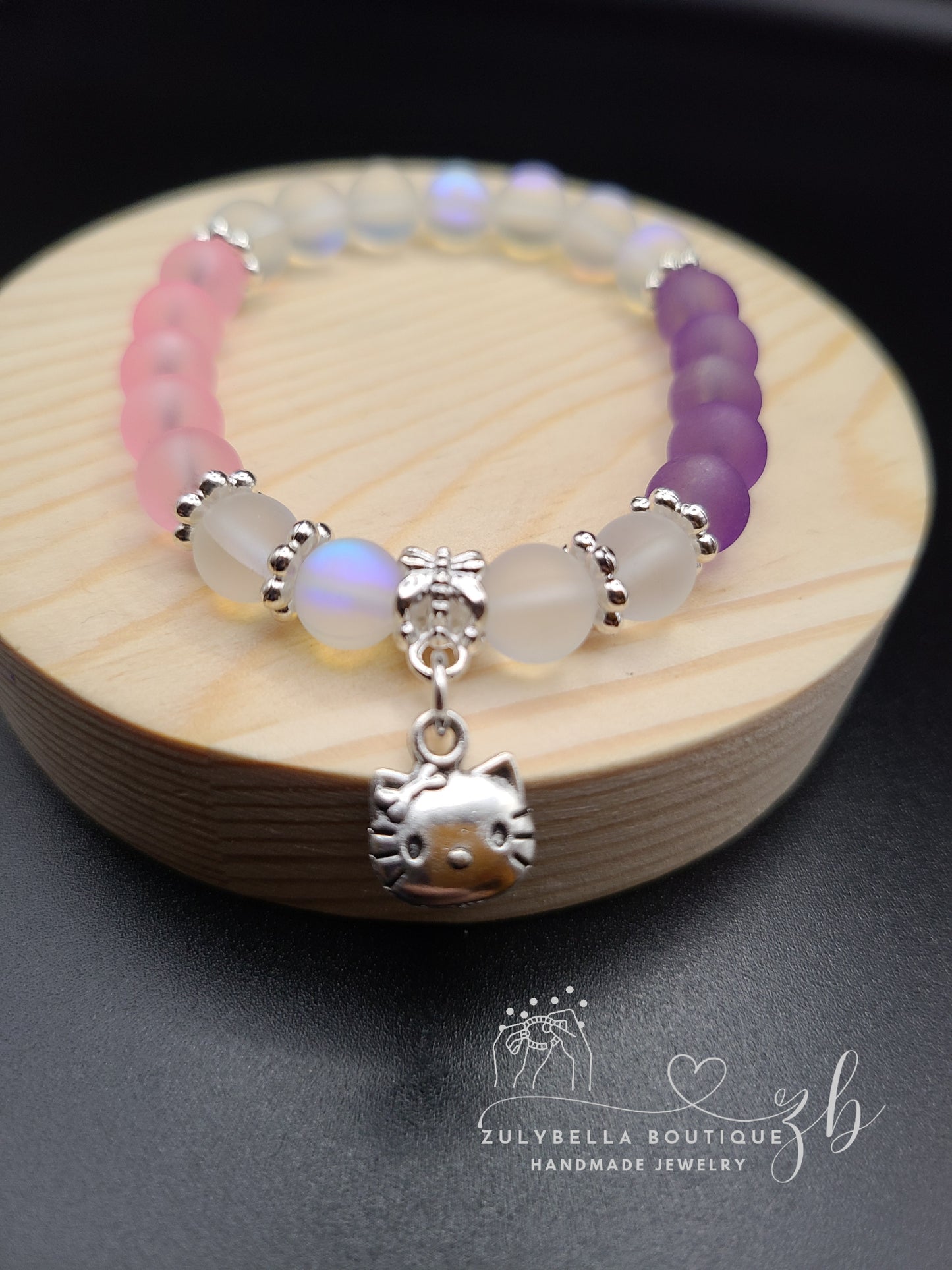 Pinky Purple Kitty - Frosted Glass Beaded Bracelet