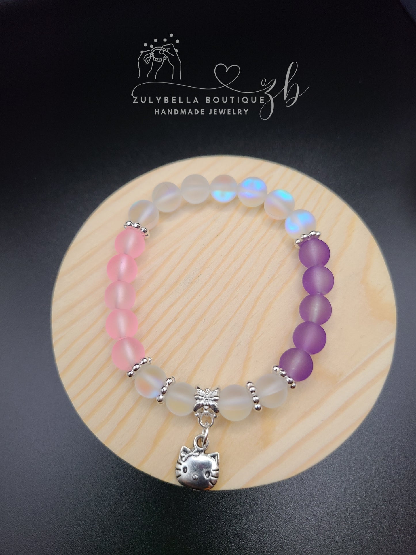 Pinky Purple Kitty - Frosted Glass Beaded Bracelet