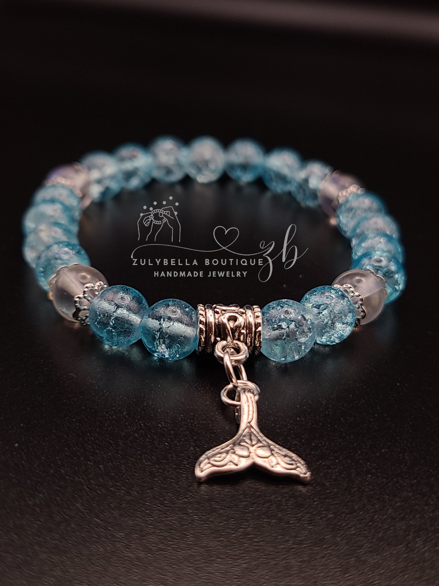 Mermaid Tale Aqua Crackle Glass Beaded Bracelet