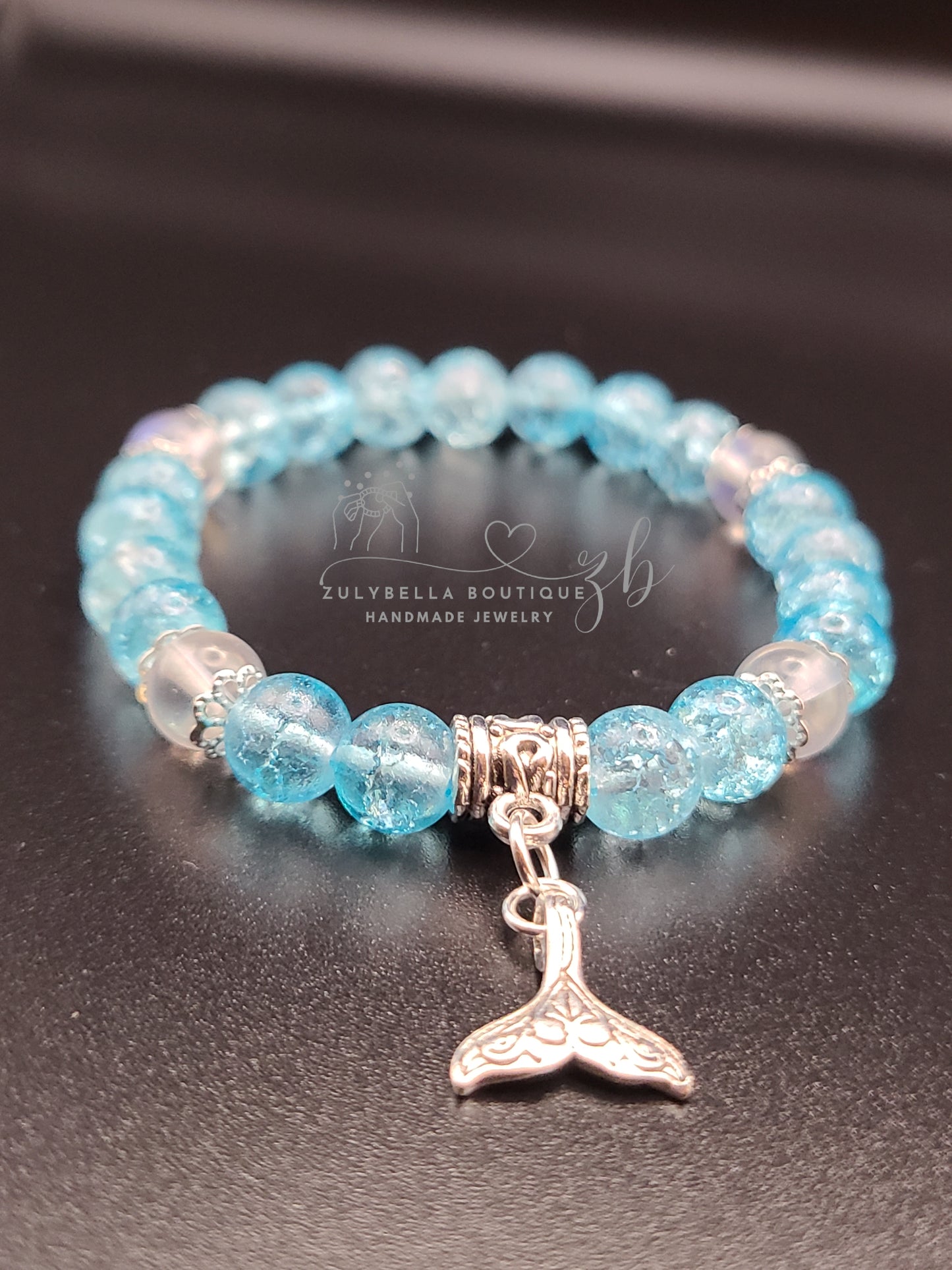 Mermaid Tale Aqua Crackle Glass Beaded Bracelet