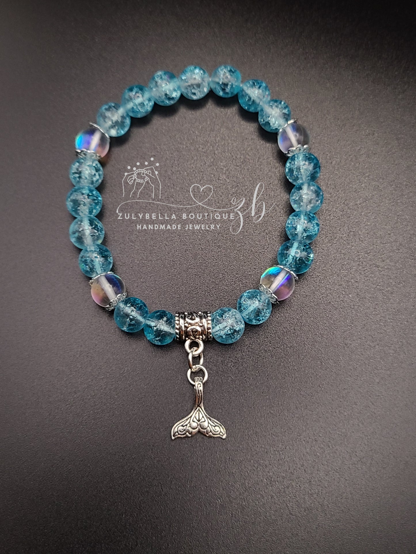 Mermaid Tale Aqua Crackle Glass Beaded Bracelet