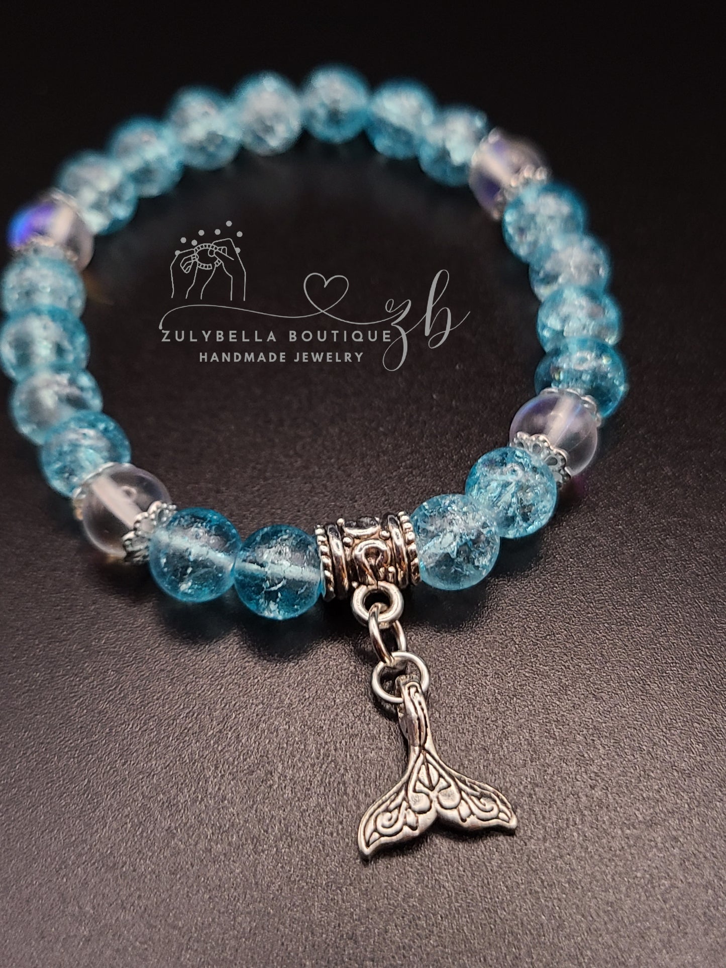 Mermaid Tale Aqua Crackle Glass Beaded Bracelet