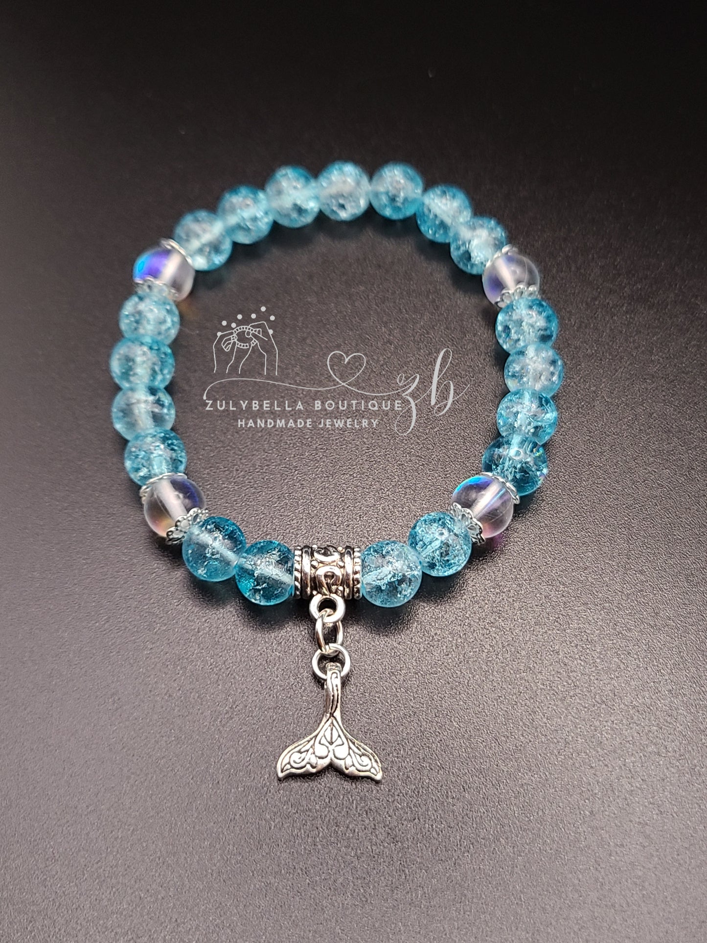 Mermaid Tale Aqua Crackle Glass Beaded Bracelet