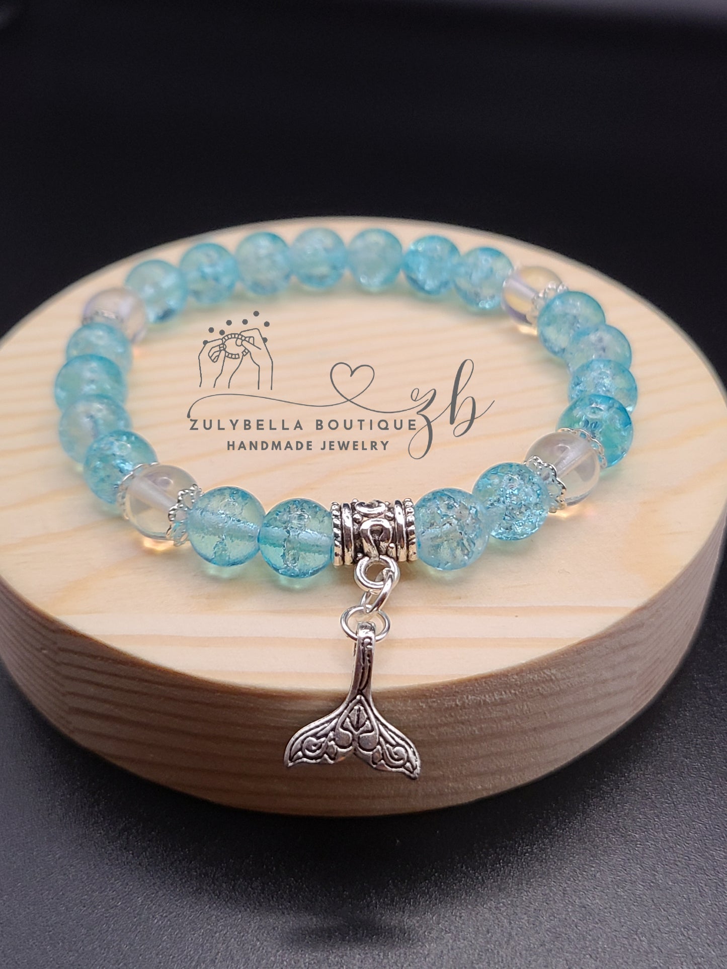 Mermaid Tale Aqua Crackle Glass Beaded Bracelet