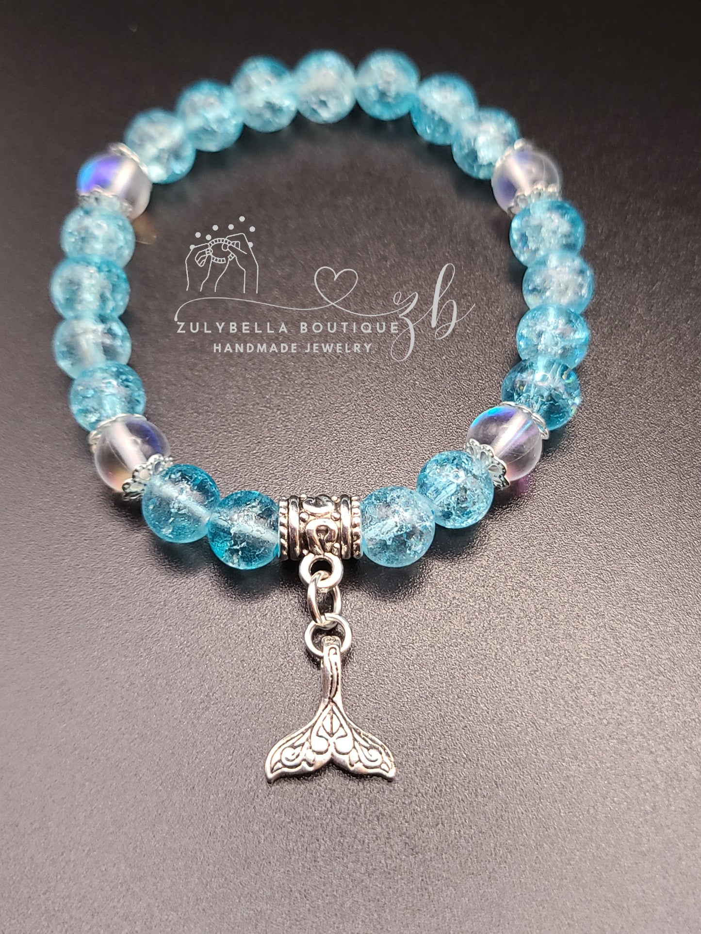 Mermaid Tale Aqua Crackle Glass Beaded Bracelet