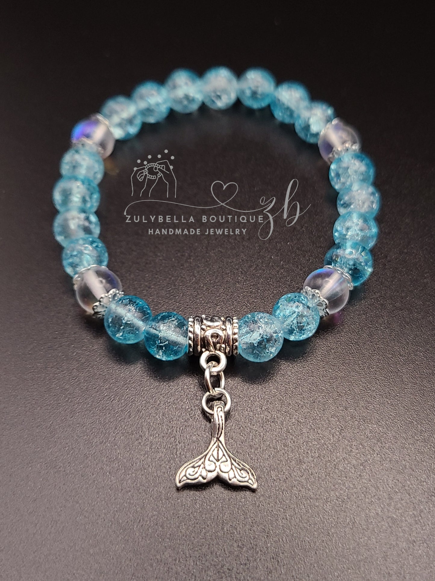 Mermaid Tale Aqua Crackle Glass Beaded Bracelet