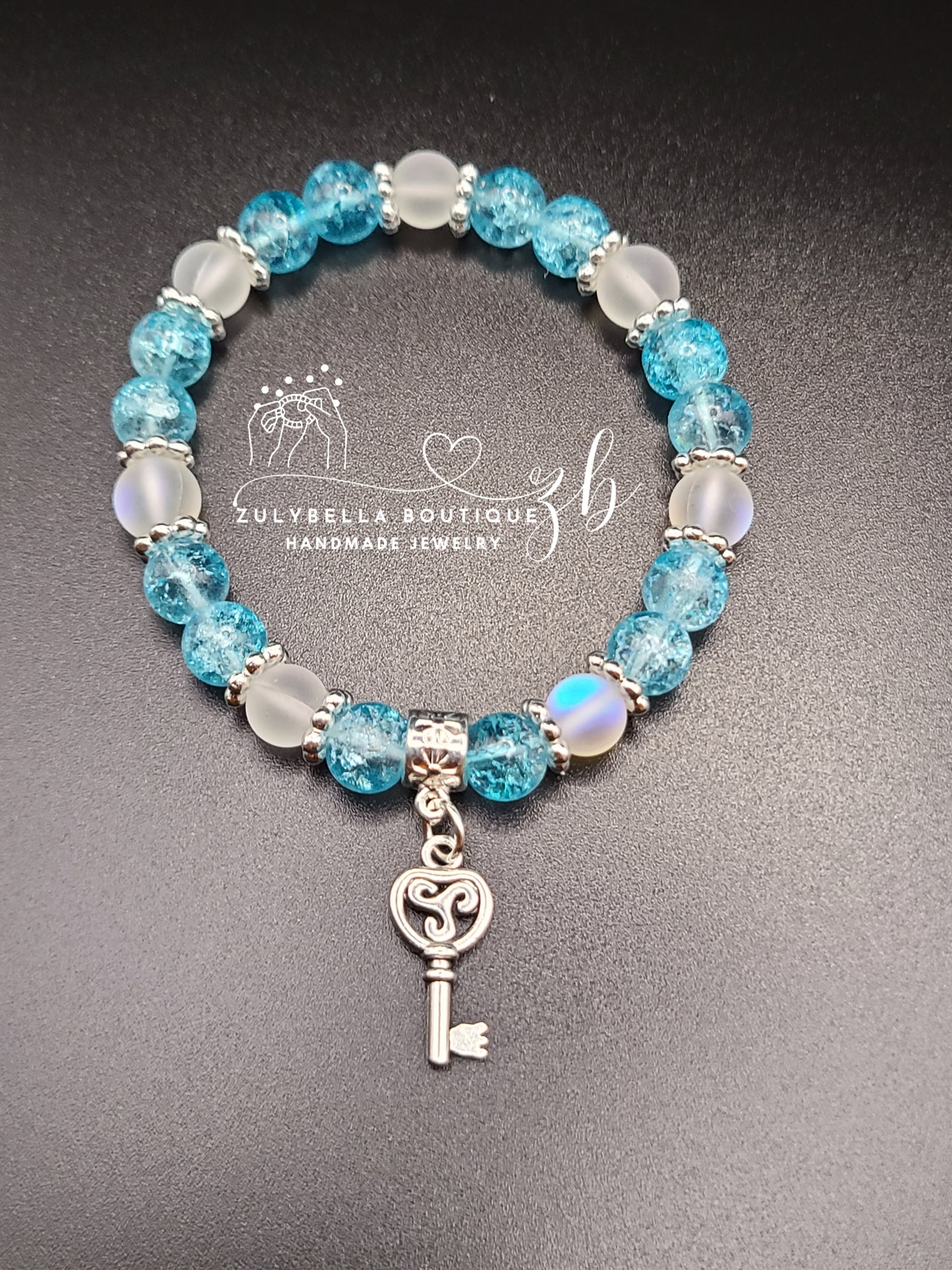 Aqua Crackle, Aura White Frosted- Glass Beaded Bracelet with Key Charm