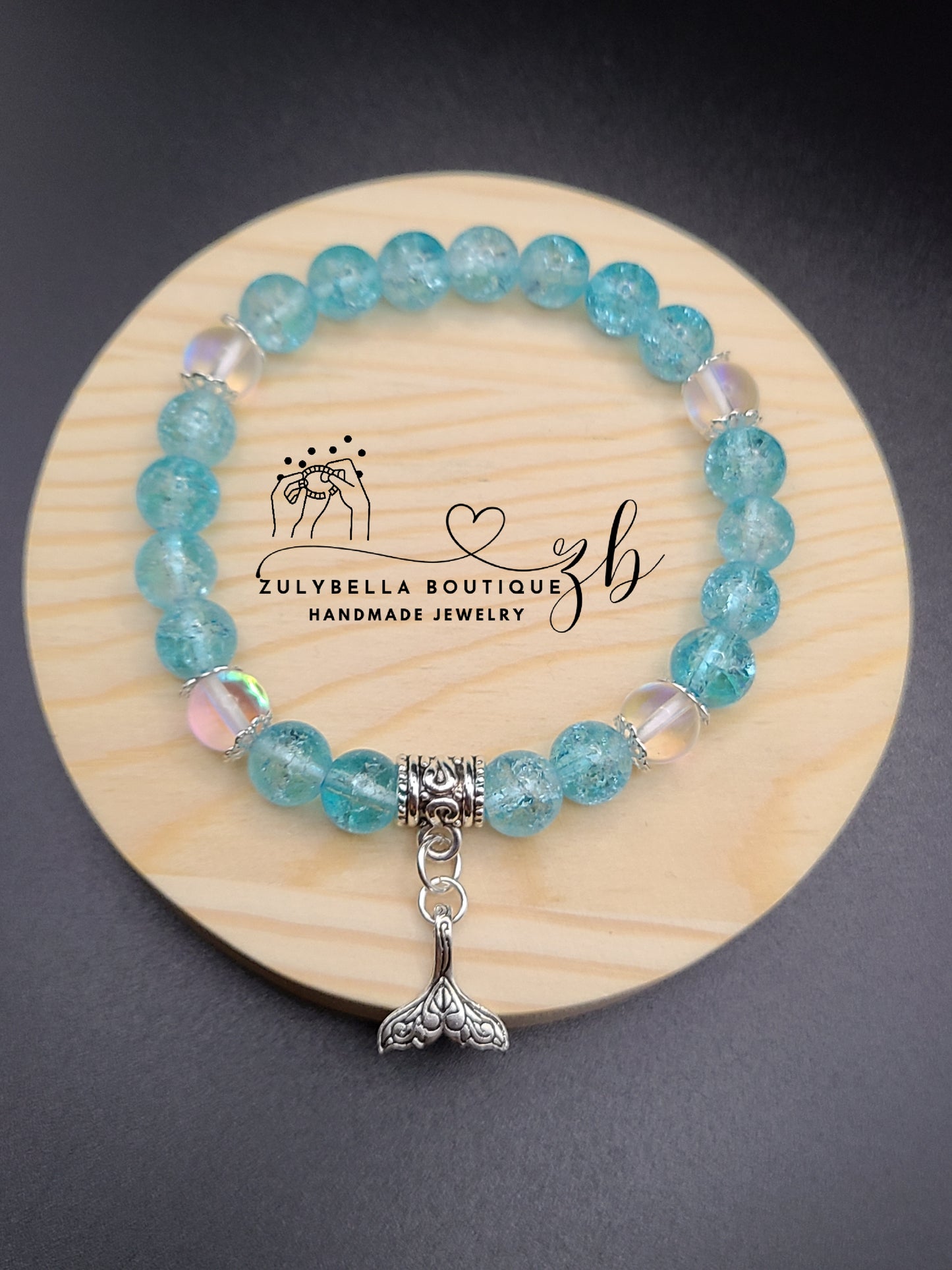 Aqua Crackle, Aura White Frosted- Glass Beaded Bracelet with Key Charm