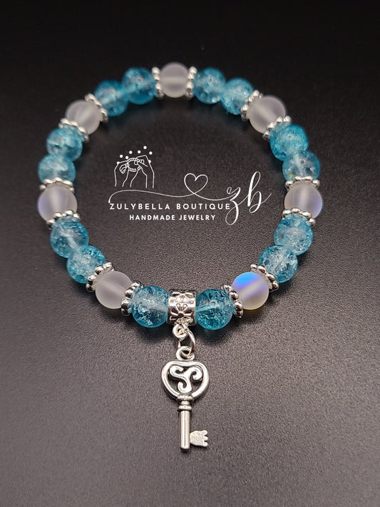 Aqua Crackle, Aura White Frosted- Glass Beaded Bracelet with Key Charm