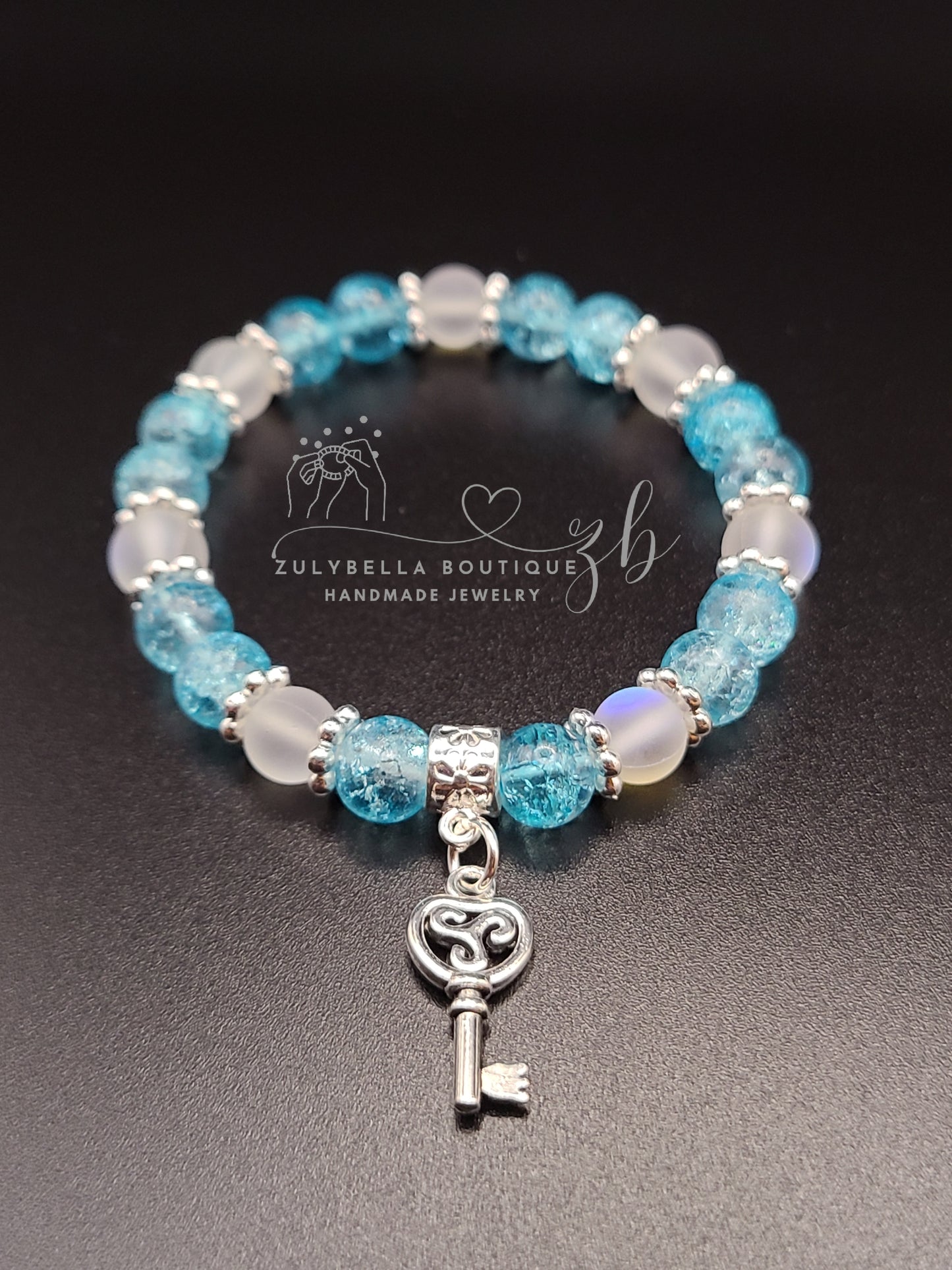 Aqua Crackle, Aura White Frosted- Glass Beaded Bracelet with Key Charm