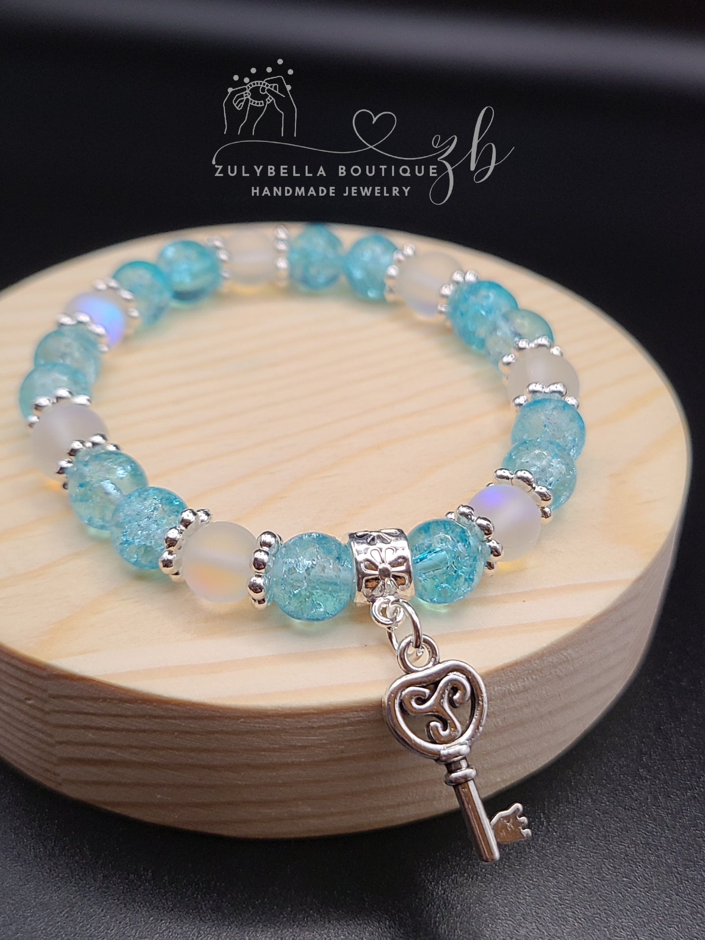 Aqua Crackle, Aura White Frosted- Glass Beaded Bracelet with Key Charm