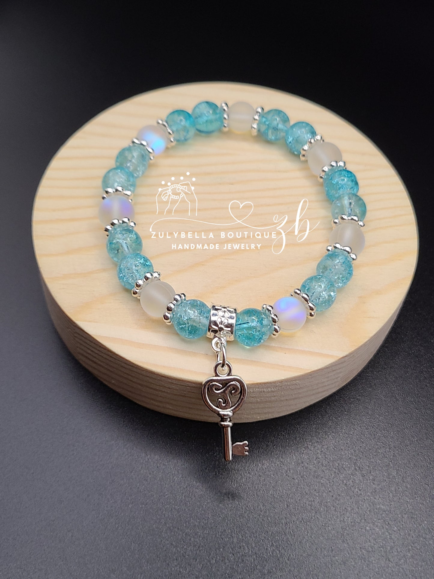 Aqua Crackle, Aura White Frosted- Glass Beaded Bracelet with Key Charm