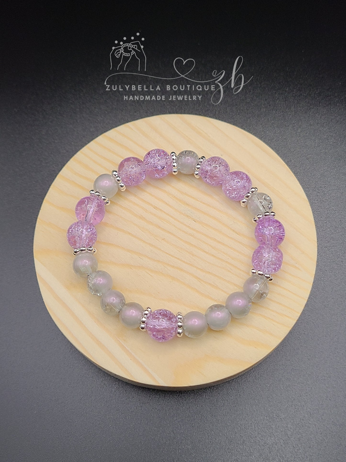 Purple, Translucent Crackle Glass Beaded Bracelet