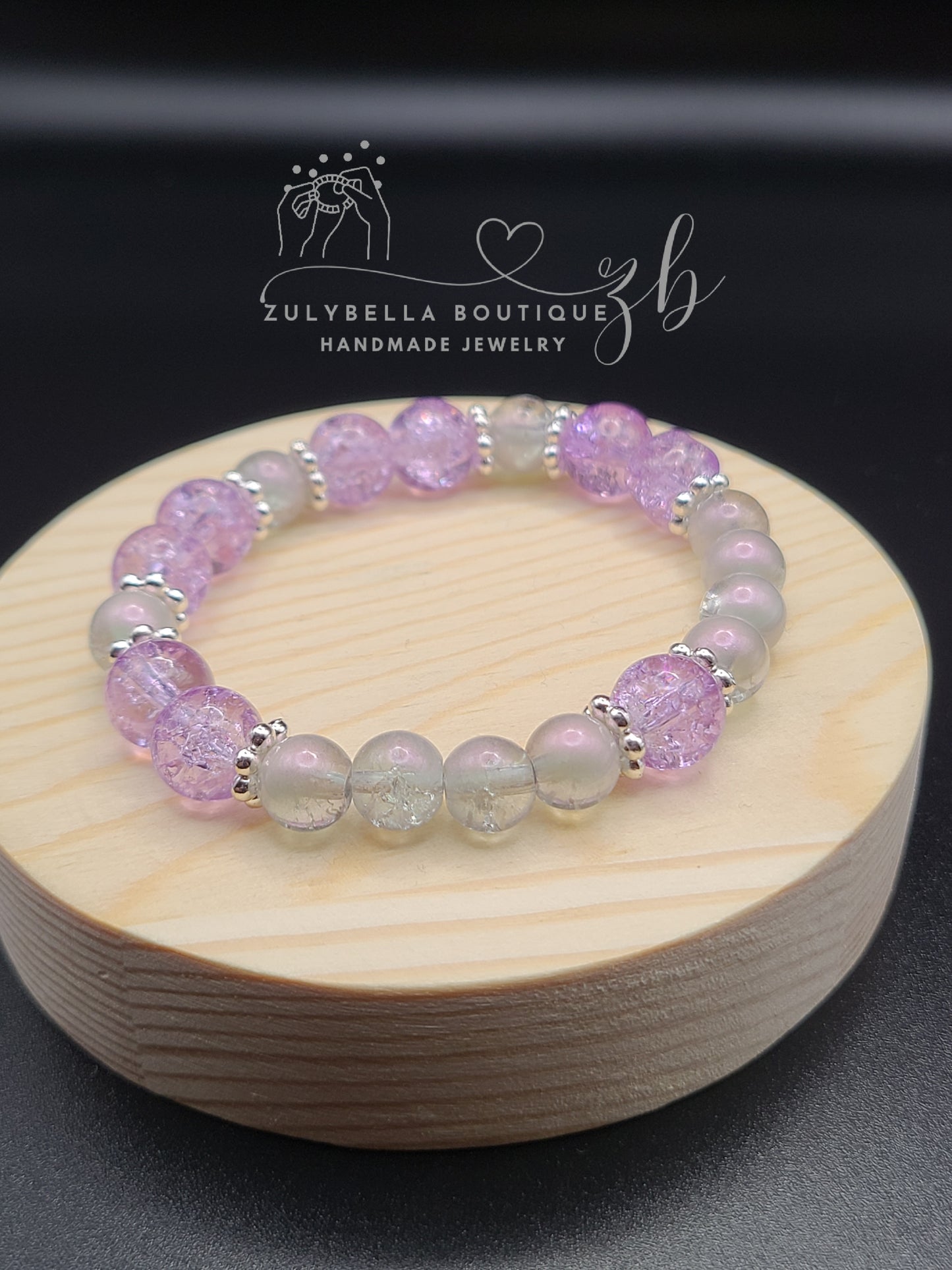 Purple, Translucent Crackle Glass Beaded Bracelet