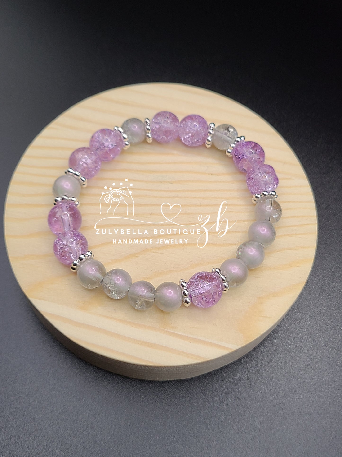 Purple, Translucent Crackle Glass Beaded Bracelet