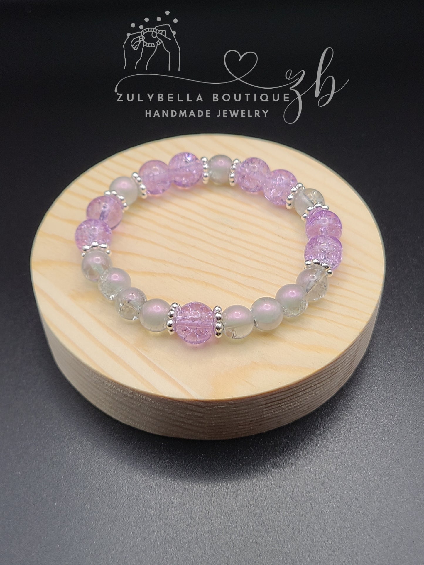 Purple, Translucent Crackle Glass Beaded Bracelet