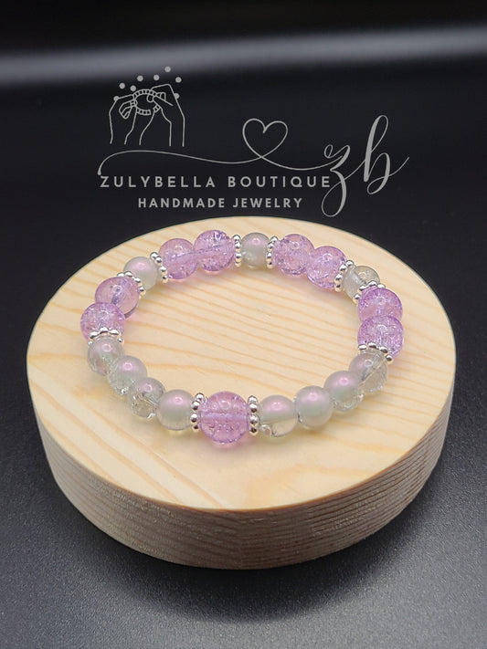 Purple, Translucent Crackle Glass Beaded Bracelet