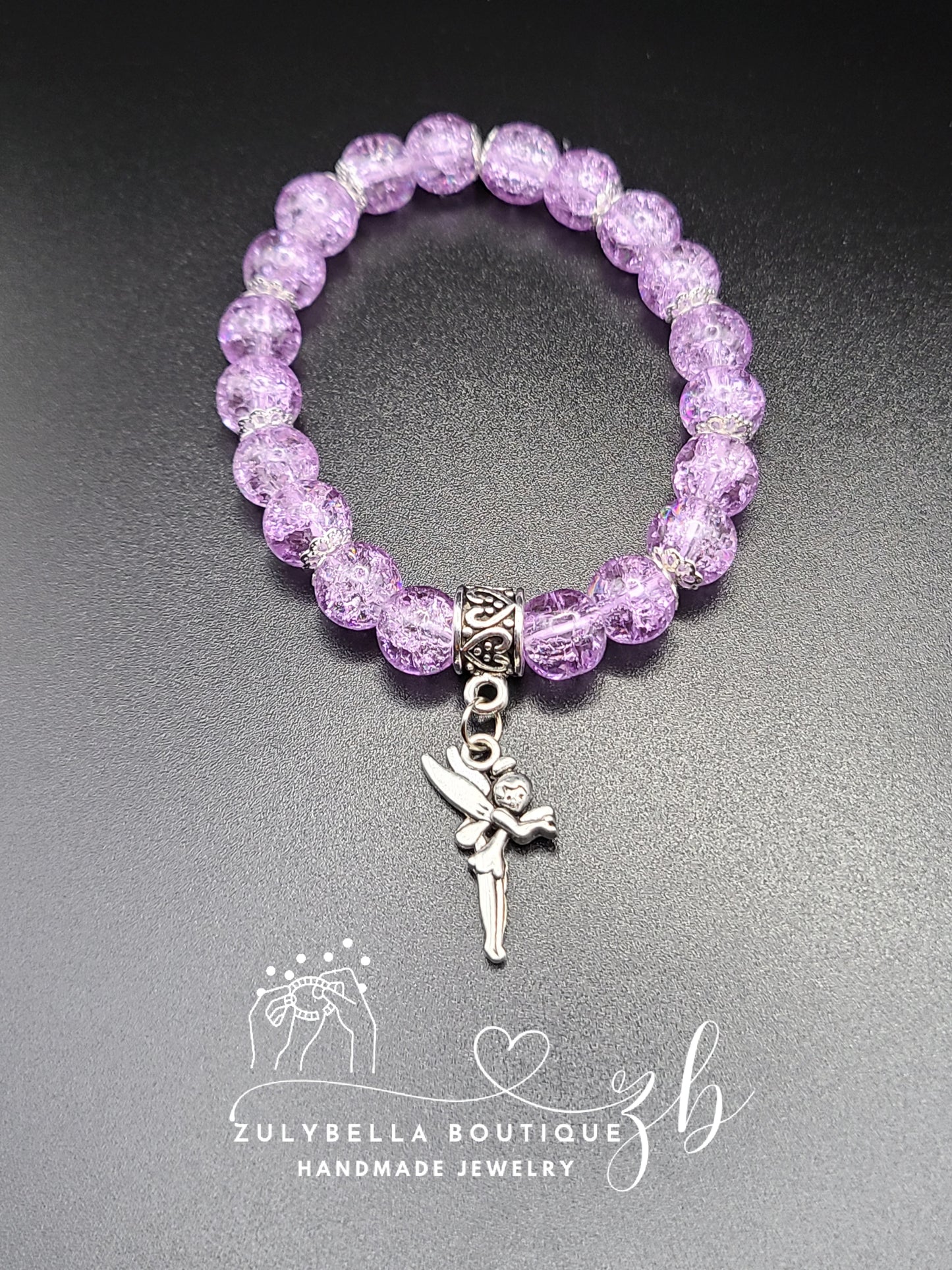 Purple Crackle Glass Beaded Bracelet with Fairy Charm