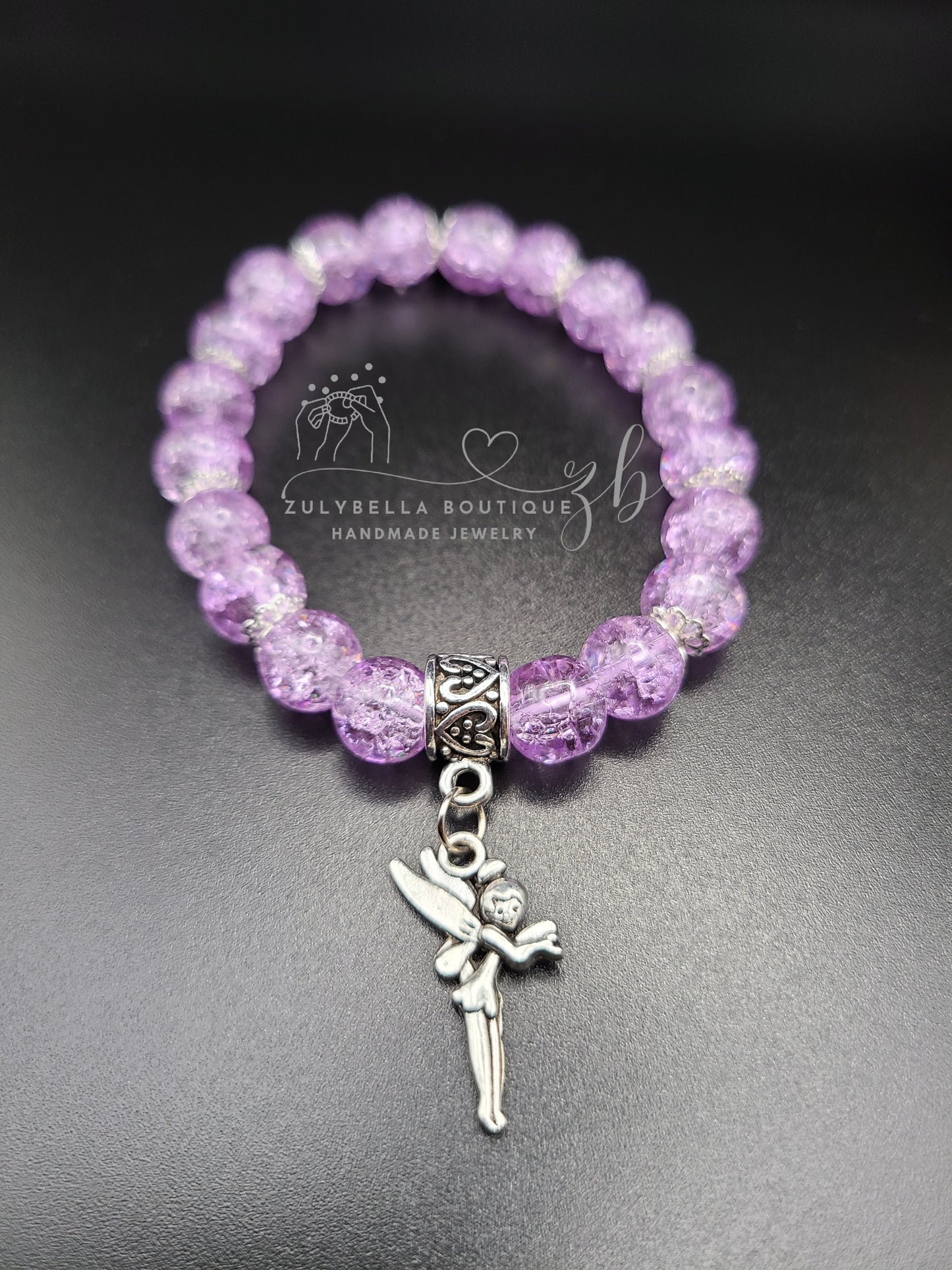 Purple Crackle Glass Beaded Bracelet with Fairy Charm