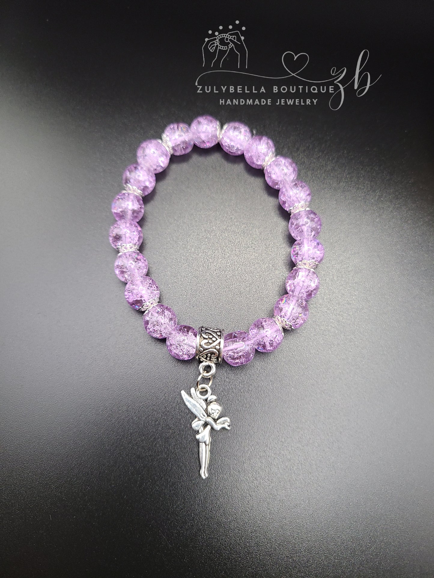 Purple Crackle Glass Beaded Bracelet with Fairy Charm