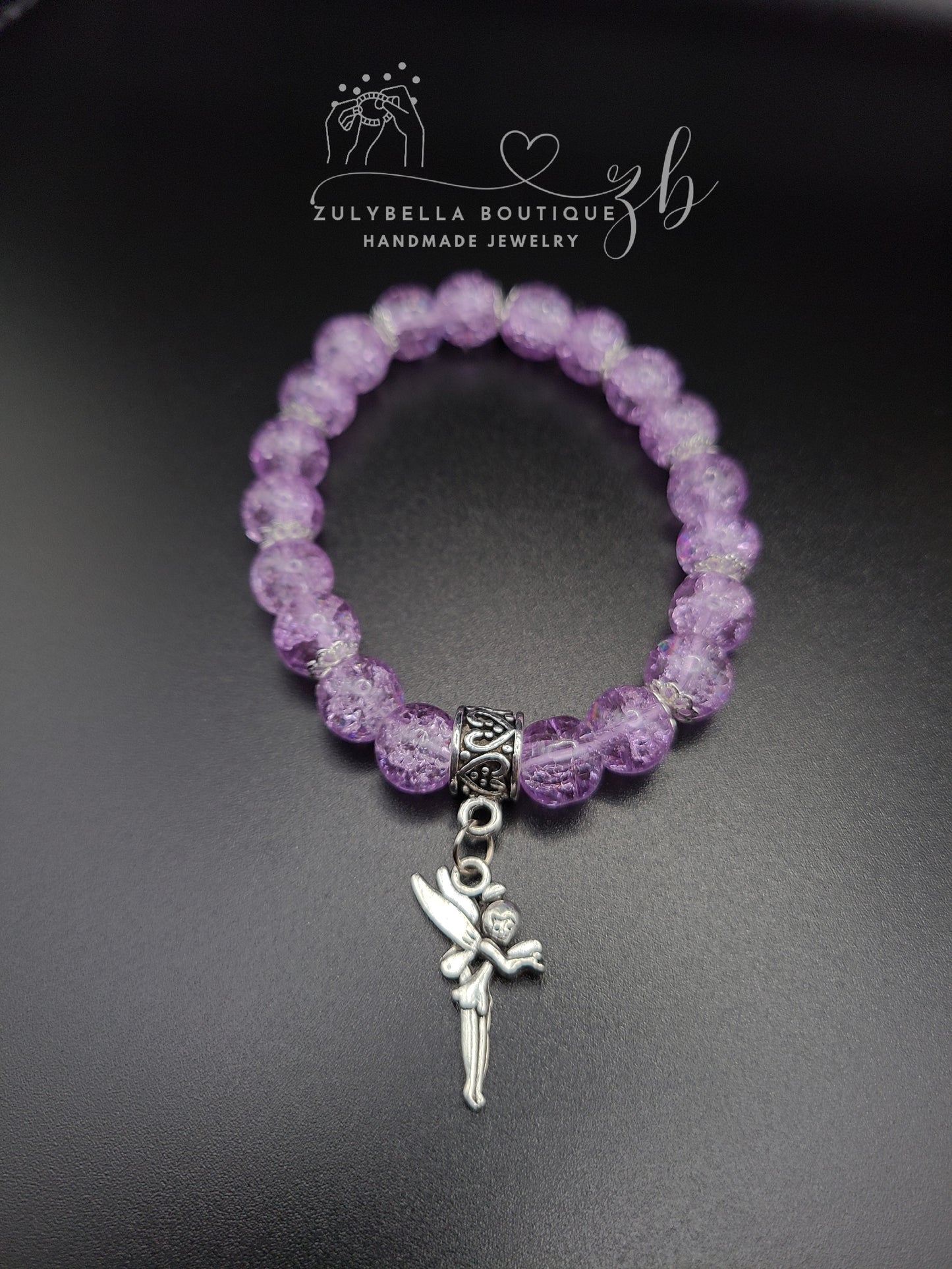 Purple Crackle Glass Beaded Bracelet with Fairy Charm