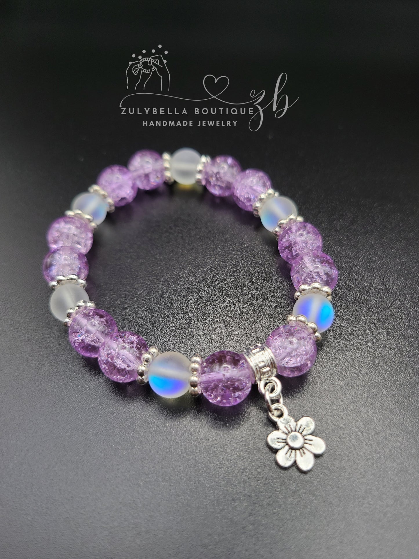 Purple Crackle, White Aura Glass Beaded Bracelet with Flower Charm