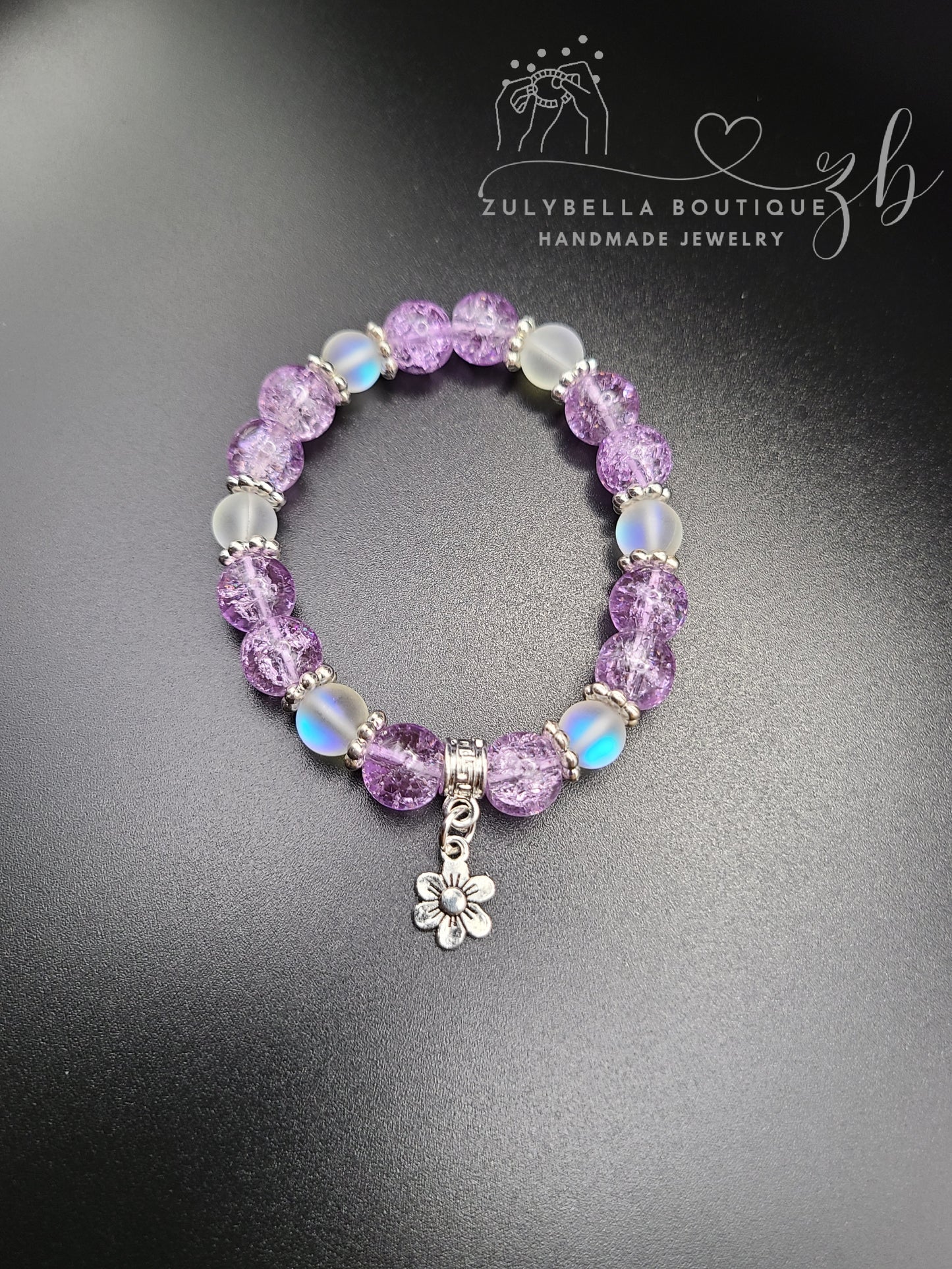 Purple Crackle, White Aura Glass Beaded Bracelet with Flower Charm