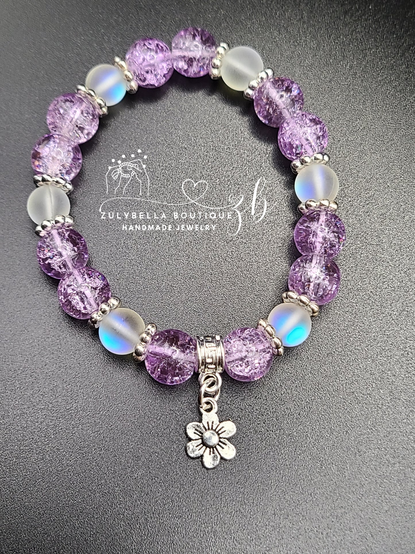 Purple Crackle, White Aura Glass Beaded Bracelet with Flower Charm