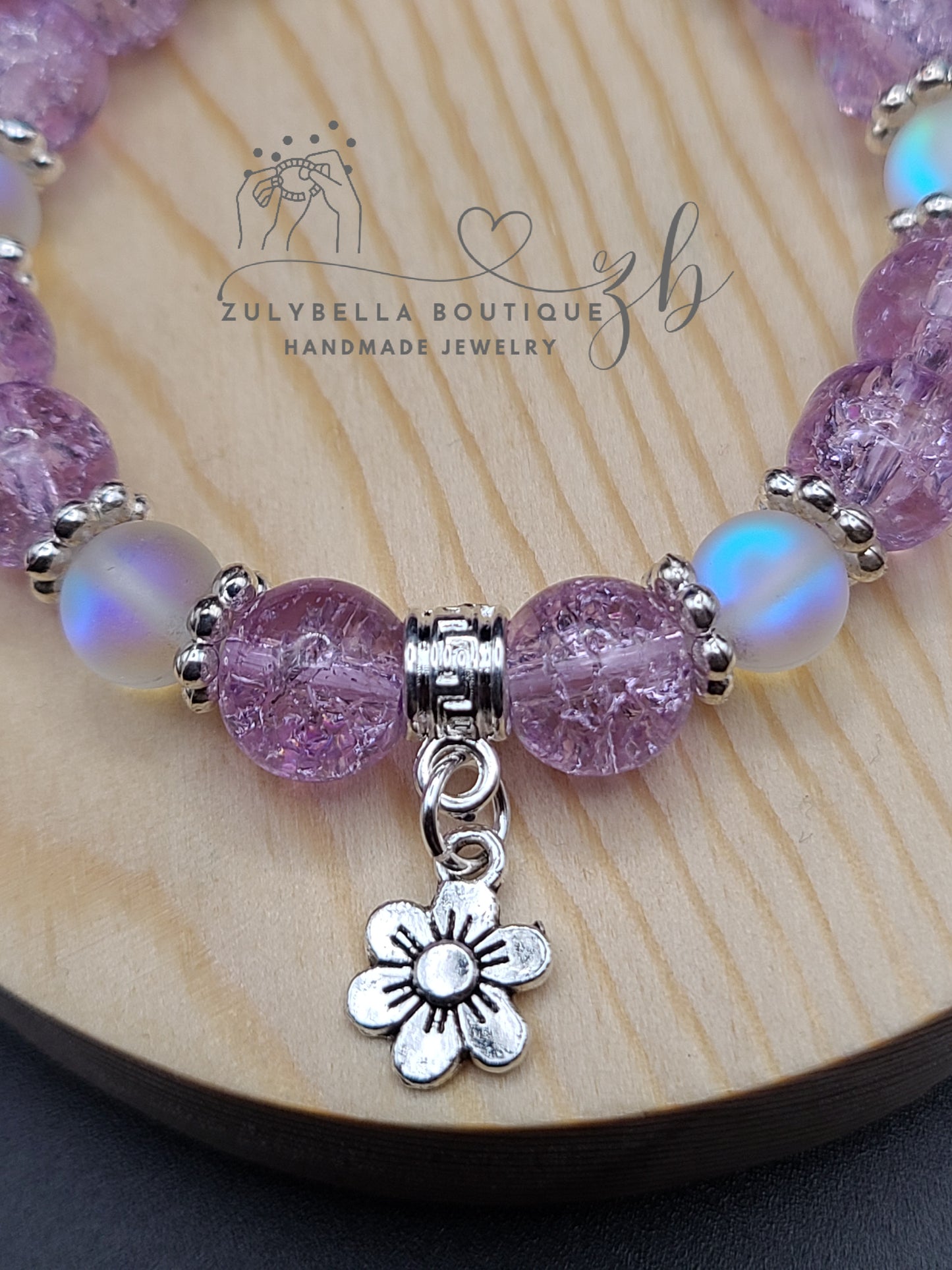 Purple Crackle, White Aura Glass Beaded Bracelet with Flower Charm