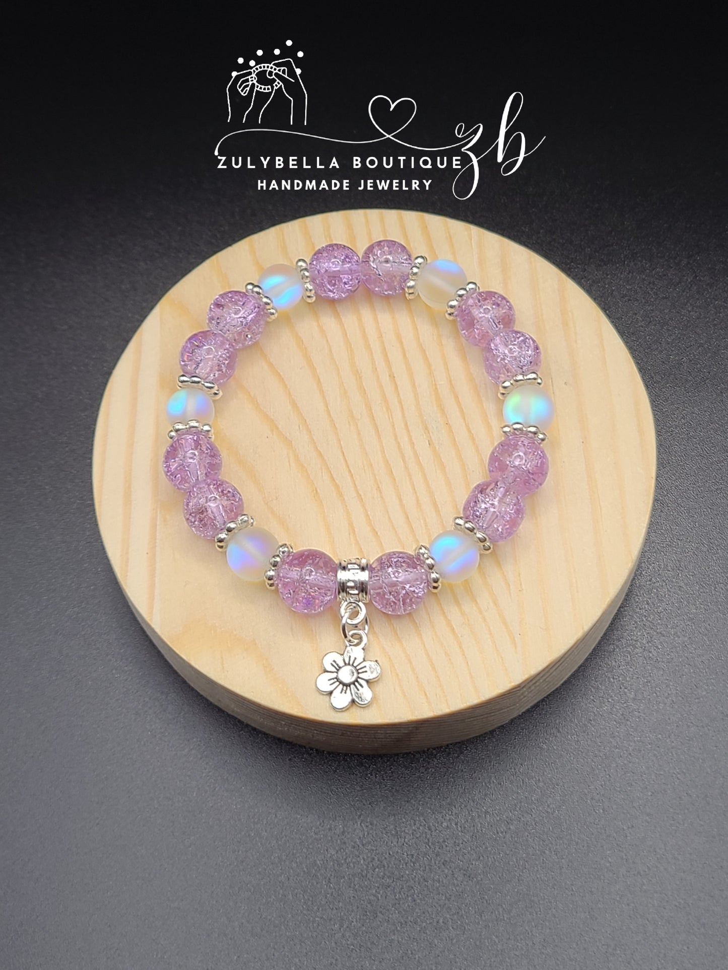 Purple Crackle, White Aura Glass Beaded Bracelet with Flower Charm