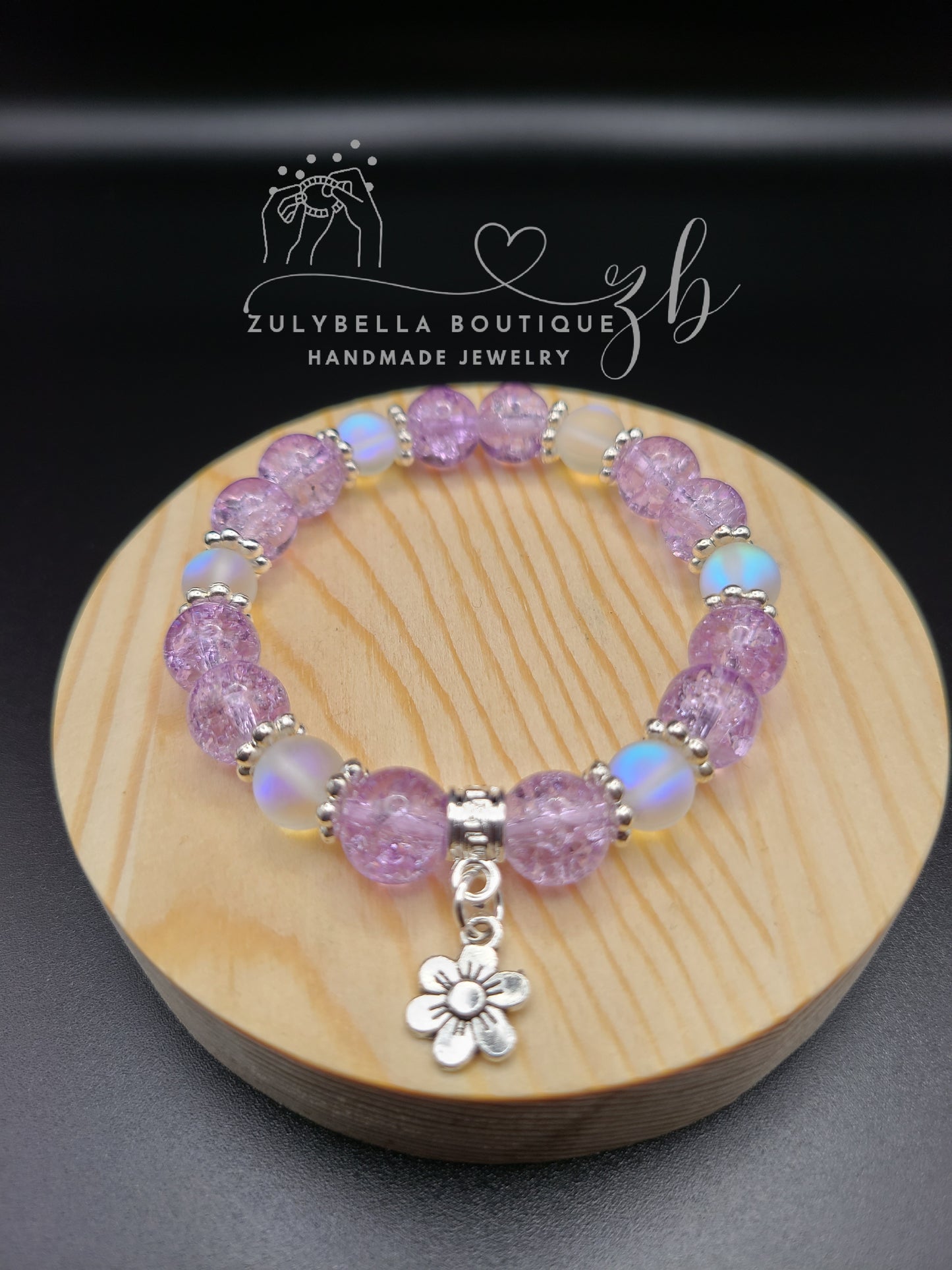 Purple Crackle, White Aura Glass Beaded Bracelet with Flower Charm