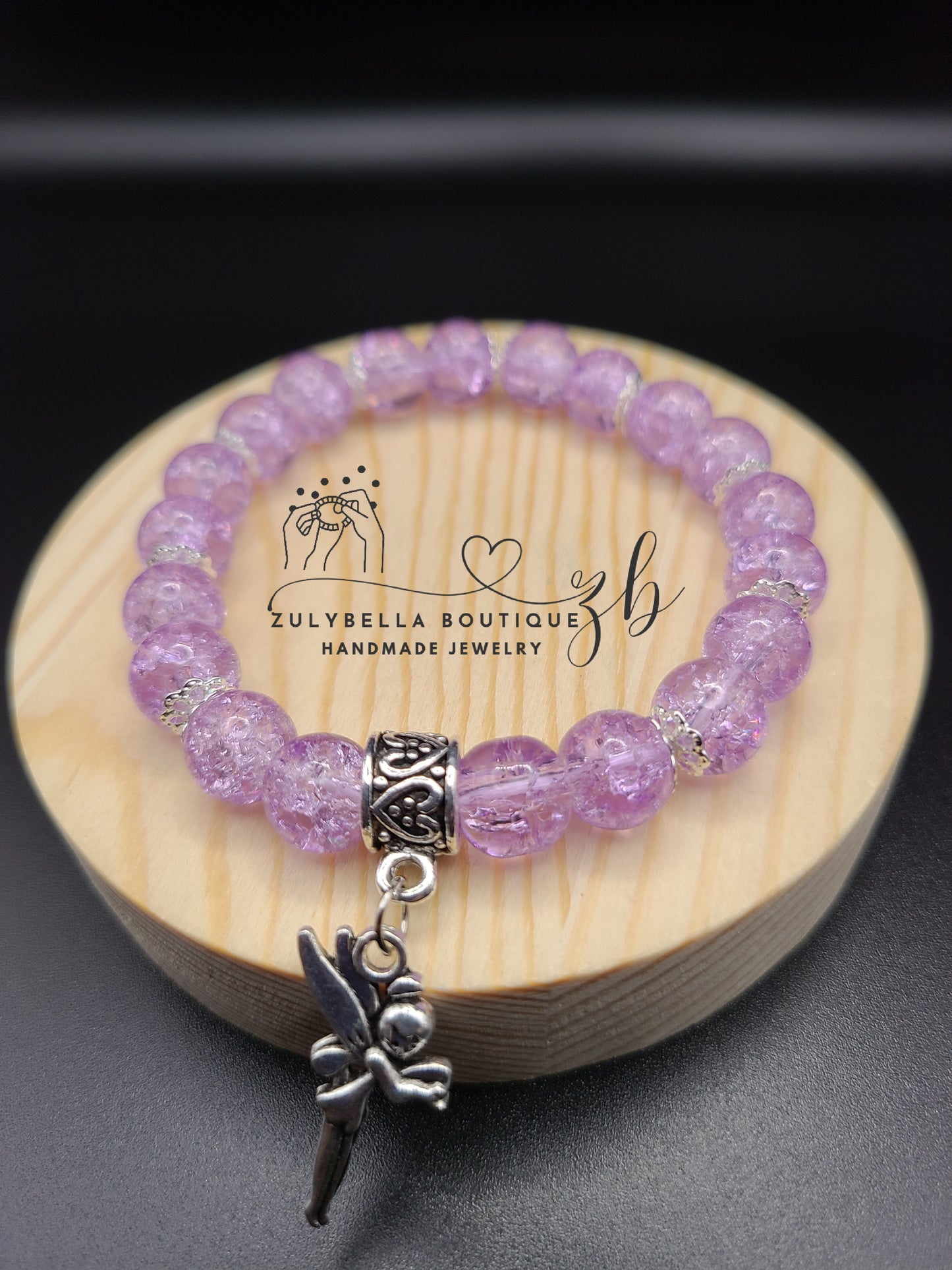 Purple Crackle Glass Beaded Bracelet with Fairy Charm