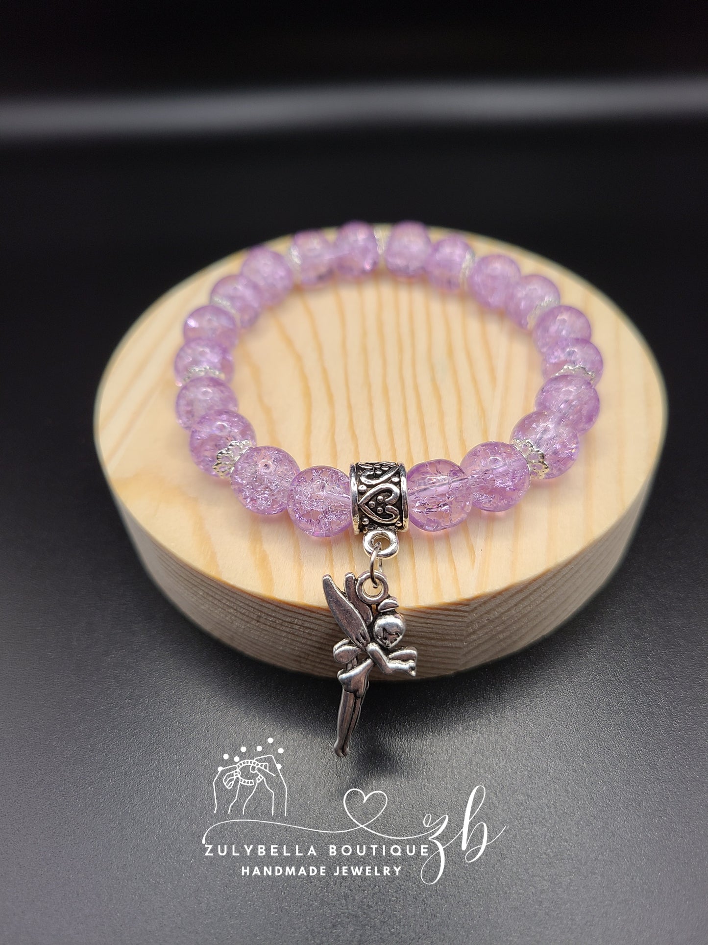 Purple Crackle Glass Beaded Bracelet with Fairy Charm